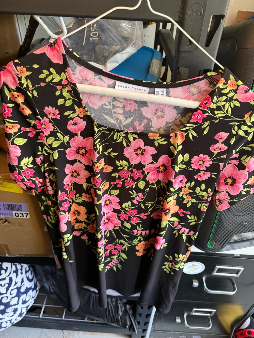 Susan Graver Black Floral Scoop-Neck Short Sleeve Tunic